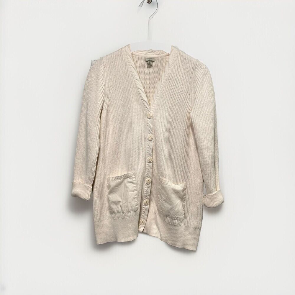 Vintage LL. Bean V-Neck Cardigan Button Front Sweatshirt Sweater Size M Cream